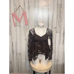 Good Days Project Brown Lace Long Sleeve Sheer Babydoll Top Size M